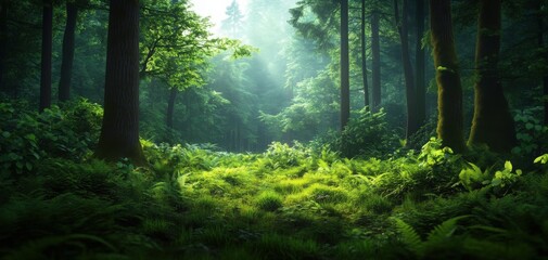 Obraz premium Serene forest scene with lush greenery and soft sunlight filtering through trees, creating a tranquil and peaceful atmosphere.