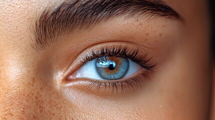Obraz premium Close-up of a woman's eye with perfectly shaped brows and mascara, against a plain background