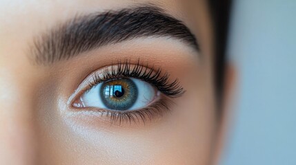Naklejka premium Close-up of a woman's eye with beautifully shaped brows and mascara, shot against a clean background