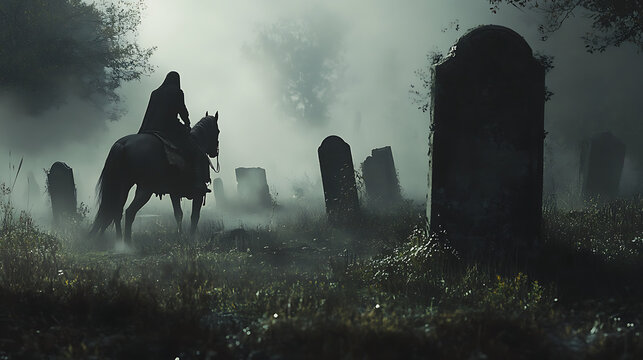 A ghostly figure riding a horse through a foggy Wild West graveyard, with tombstones and skeletal remains scattered around 