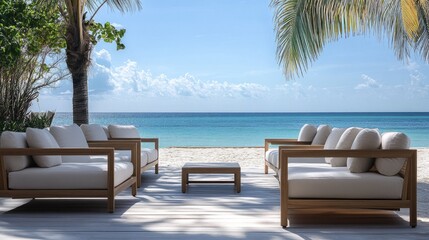 Detailed view of comfortable, minimalist seating on a beachfront patio, with a plain backdrop emphasizing simplicity.
