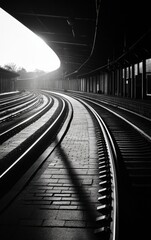 A black and white photograph of railway tracks curving towards the horizon, evoking a sense of solitude and journey.