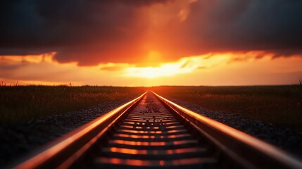 Obraz premium A breathtaking sunset over a railway track, showcasing vibrant colors and dramatic clouds, perfect for travel and nature themes.