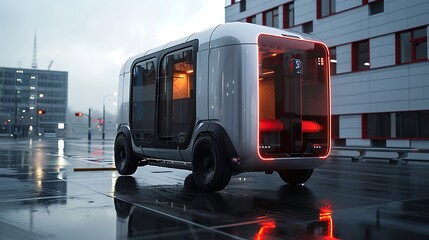 Futuristic van sleek and innovative vehicle with modern technology parked on wet city street with buildings in background for highlighting potential of urban transportation and smart mobility concept.