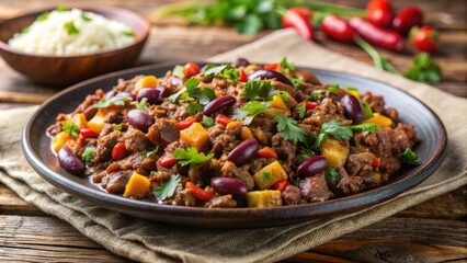 Delicious close-up of a plate of con carne, Mexican cuisine, beef, beans, rice, spicy, flavorful, meal, food photography