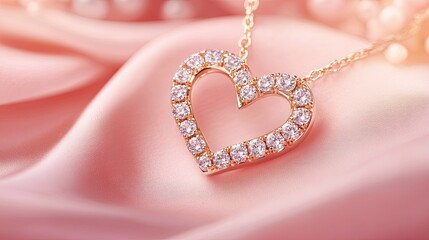 Obraz premium Elegant heart-shaped jewelry with sparkling diamonds, highlighted by golden accents, against a delicate pink backdrop.