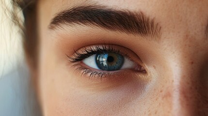 Obraz premium Eye close-up highlighting expertly shaped brows and mascara, with a plain, unobtrusive background