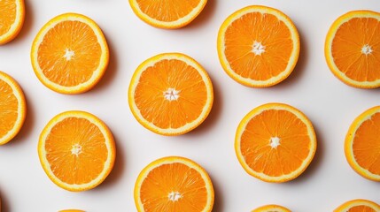 Fototapeta premium Full background of neatly arranged round orange slices, viewed from the top on a white surface