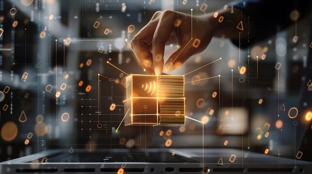 Hand is holding a golden cube with an NFC symbol on top, which appears to be a representation of the future of digital transactions cube surrounded a network of digital lines dots technology.