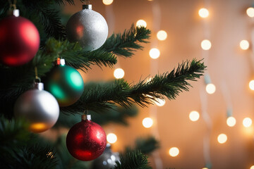 Decorated Christmas tree with ornament on festive background with blurred lights. Xmas celebration concept, copy space