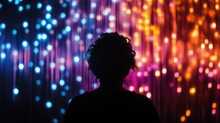 A silhouette of a person against a backdrop of vibrant, colorful lights, evoking a sense of wonder and creativity.