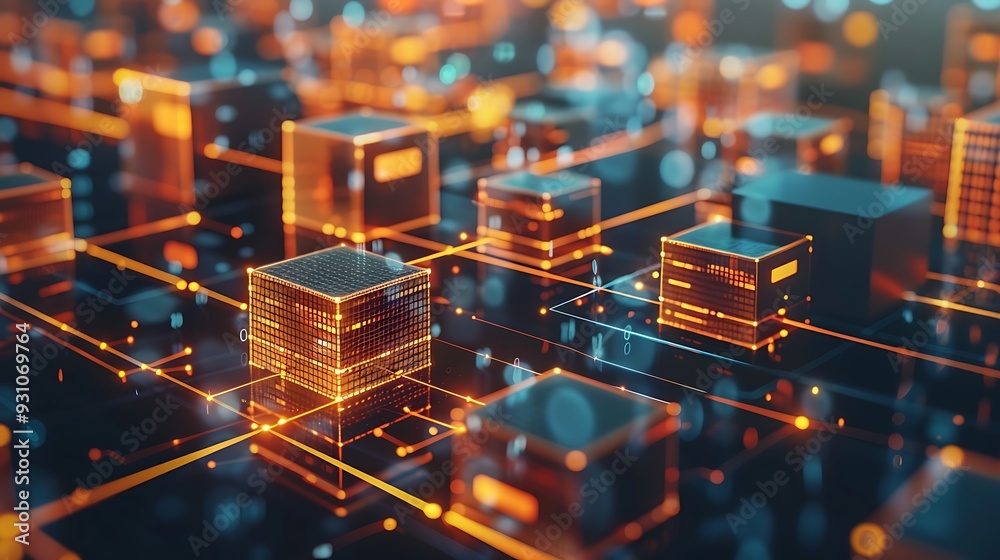 Poster abstract digital network illustration with glowing lines and cubes representing data flow and connec