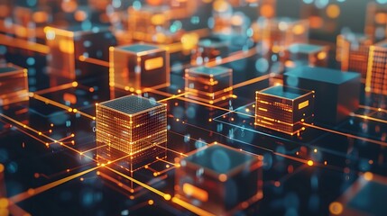 Abstract digital network illustration with glowing lines and cubes representing data flow and connections for visualization of digital communication technology and interconnected systems concept.