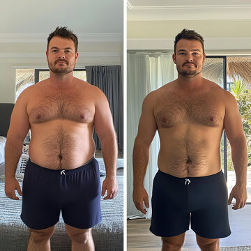Side by side comparison of man before and after weight loss journey