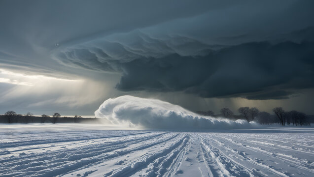 Dramatic winter storm over an open field, with heavy snowfall and dark, ominous clouds.