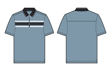  Short sleeve Polo shirt technical drawing fashion flat sketch vector illustration blue color  template front and back views. Men's and boys polo t shirt clothing mock up cad.