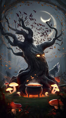 Scary Tree in Forest with Cauldron and Howling Wolf on Moonlit Night