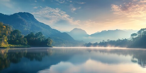 Beautiful landscape with lake and mountains in Thailand - holiday destination