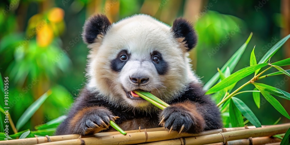 Sticker A close-up image of a playful panda cub happily munching on fresh bamboo shoots in its habitat , panda, bamboo, wildlife