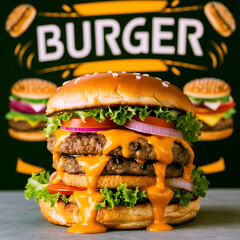 A social media post for burgers with the words burger on it