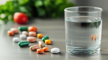 A morning routine scene with a glass of water and metabolism-focused vitamins, supplements, metabolism, vitamins routine