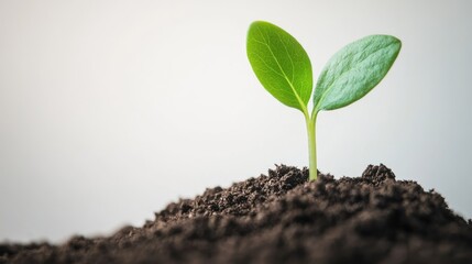 Fototapeta premium Minimalist image of a green sprout breaking through soil, with a plain white background emphasizing its simplicity and new beginnings.
