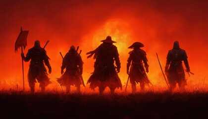 Fototapeta premium Silhouetted warriors stand against a fiery sunset, ready for battle in a dramatic scene of courage and adventure.
