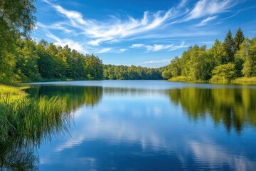 Fototapeta premium Tranquil Lake Surrounded by Lush Green Trees on a Sunny Day