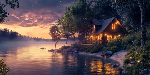 Cozy lakeside cabin at sunrise with warm glowing lights and tranquil water