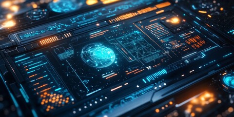 Obraz premium A futuristic design featuring space-themed tech elements, with glowing holograms, interactive star maps, and sleek data panels