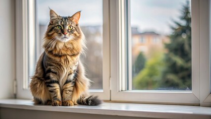 A fluffy tabby cat sitting on a windowsill , pet, feline, domestic, animal, fur, cute, whiskers, playful, portrait, fluffy, window