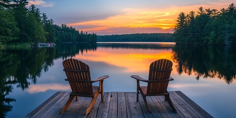 Naklejka premium Two wooden chairs on a wood pier overlooking a lake at sunset