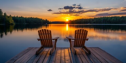 Fototapeta premium Two wooden chairs on a wood pier overlooking a lake at sunset