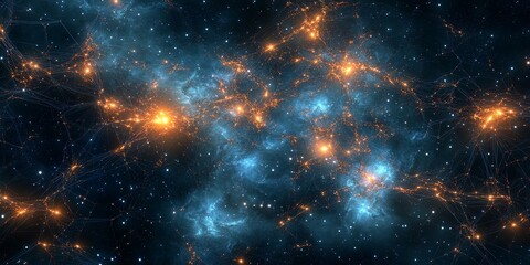 Fototapeta premium A digital visualization of a star field, with luminous stars connected by glowing circuits and digital energy webs