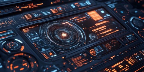 Naklejka premium A futuristic tech interface with space-inspired design elements, including holographic controls, dynamic star fields, and responsive data visualization