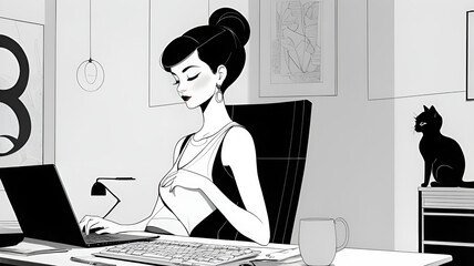 A woman in a highly stylized black and white cartoon style