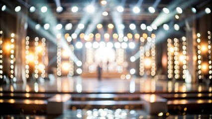 Obraz premium Blurred image of a stage set up for an award show, with lights and decorations. 