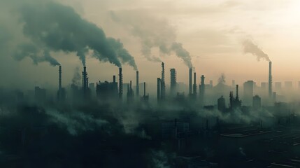 81. A polluted cityscape with toxic smog and industrial pollution obscuring the skyline