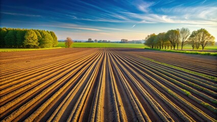 Agricultural field with perfectly aligned rows in the spring, Agriculture, Farming, Crops, Harvest, Rows, Field, Spring
