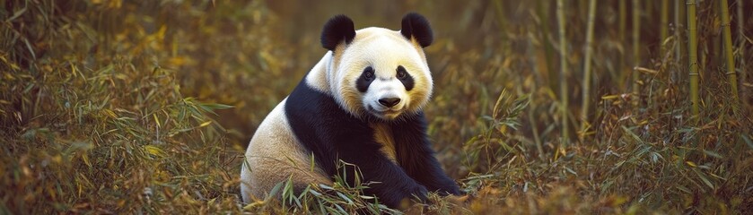 Obraz premium A playful panda sitting amidst bamboo, showcasing its unique black and white fur in a serene natural habitat.