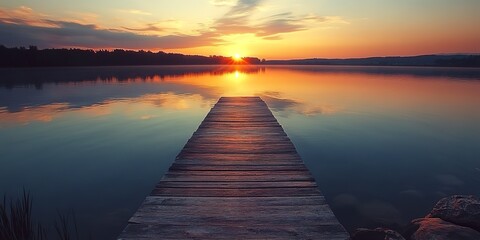 Obraz premium A tranquil scene showing a warm sunset over a serene lake with a wooden jetty leading into the calm waters