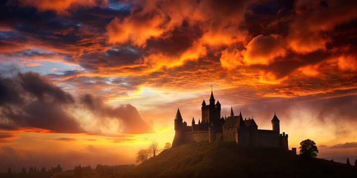 Eerie medieval castle silhouette against dramatic sunset sky , medieval, castle, silhouette, sunset, sky, eerie, dramatic