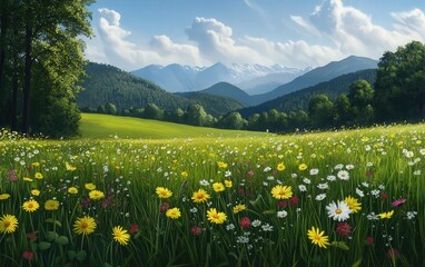 Fototapeta premium A serene landscape featuring vibrant wildflowers and majestic mountains under a bright blue sky, perfect for nature lovers.