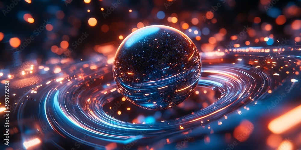Canvas Prints close-up of a metallic sphere hovering in space, surrounded by holographic rings and neon constellat
