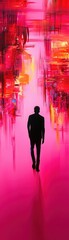 Obraz premium A silhouette of a man walking through vibrant, abstract shapes in a colorful, illuminated space evoking a sense of mystery.