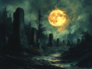 Craft a sinister graveyard with weathered tombston 351 moon, night, sky, dark, clouds, cloud, light, full, stars, water, halloween, blue, space, landscape, planet, moonlight, nature, ocean, star, astr