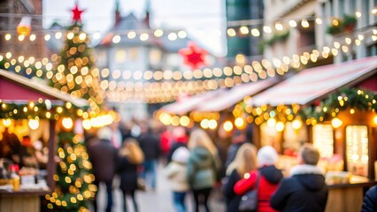 Fototapeta premium Blurred background of festive stalls at a holiday market. 