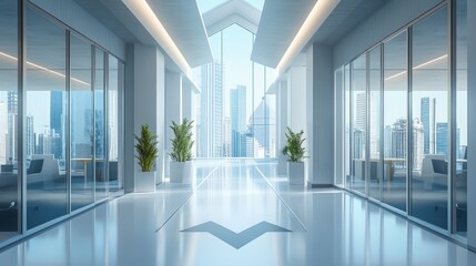 Fototapeta premium Arrows moving upwards, symbolizing breakthrough, set in a minimalist modern office