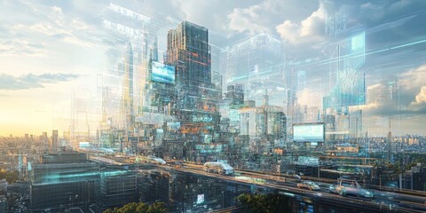 Fototapeta premium High-tech urban landscape with transparent buildings, automated vehicles, and holographic advertisements, set against a futuristic skyline