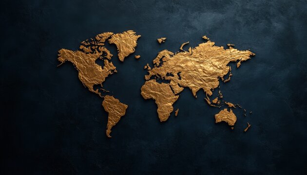 Fototapeta Artistic gold world map on a dark background, ideal for travel, geography, and global themes in design.